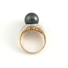 Load image into Gallery viewer, Black Tahitian Pearl Ring 14K Yellow Gold Diamond Cocktail Ring