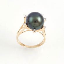 Load image into Gallery viewer, 14K Solid Yellow Gold Black Tahitian Pearl &amp; Diamond Accent Ring