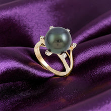 Load image into Gallery viewer, 14K Solid Yellow Gold Black Tahitian Pearl &amp; Diamond Accent Ring