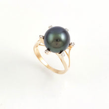 Load image into Gallery viewer, 14K Solid Yellow Gold Black Tahitian Pearl &amp; Diamond Accent Ring