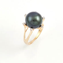 Load image into Gallery viewer, 14K Solid Yellow Gold Black Tahitian Pearl &amp; Diamond Accent Ring