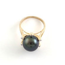 Load image into Gallery viewer, 14K Solid Yellow Gold Black Tahitian Pearl &amp; Diamond Accent Ring