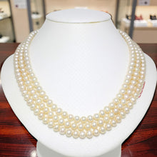 Load image into Gallery viewer, Triple Line Natural Peach Cultured Pearl Necklace with 14K Yellow Gold Clasp