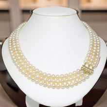 Load image into Gallery viewer, Triple Line Natural Peach Cultured Pearl Necklace with 14K Yellow Gold Clasp