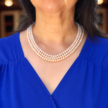 Load image into Gallery viewer, Triple Strand Pink Cultured Pearl Necklace with Sterling Silver Clasp