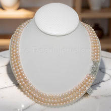 Load image into Gallery viewer, Triple Strand Pink Cultured Pearl Necklace with Sterling Silver Clasp