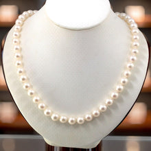 Load image into Gallery viewer, White Cultured Pearl Hand-Knotted Necklace with 14K Yellow Gold Heart Clasp