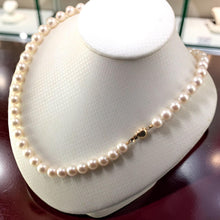 Load image into Gallery viewer, White Cultured Pearl Hand-Knotted Necklace with 14K Yellow Gold Heart Clasp