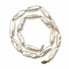 Load image into Gallery viewer, White Biwa Pearl &amp; Gold Bead Necklace with 14k Gold Clasp