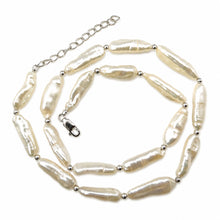 Load image into Gallery viewer, White Biwa Pearl &amp; Silver Bead Necklace with Trigger Clasp