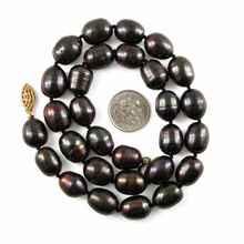 Load image into Gallery viewer, Black Football-Shaped Pearl Necklace with Gold-Filled Clasp – 17.5”