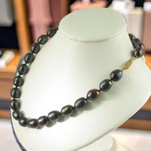 Load image into Gallery viewer, Black Football-Shaped Pearl Necklace with Gold-Filled Clasp – 17.5”