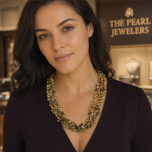 Load image into Gallery viewer, Three-Strand Golden-Green Keshi Pearl Necklace with Smoky Quartz