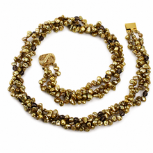 Load image into Gallery viewer, Three-Strand Golden-Green Keshi Pearl Necklace with Smoky Quartz