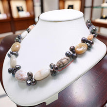 Load image into Gallery viewer, Black Baroque Pearl &amp; Agate Necklace – .925 Silver Clasp