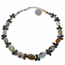 Load image into Gallery viewer, Black Baroque Pearl &amp; Agate Necklace – .925 Silver Clasp
