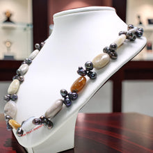Load image into Gallery viewer, Black Baroque Pearl &amp; Agate Necklace – .925 Silver Clasp