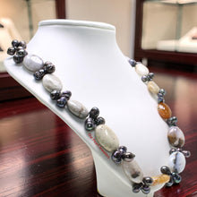 Load image into Gallery viewer, Black Baroque Pearl &amp; Agate Necklace – .925 Silver Clasp