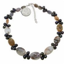 Load image into Gallery viewer, Black Baroque Pearl &amp; Agate Necklace – .925 Silver Clasp