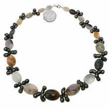 Load image into Gallery viewer, Black Baroque Pearl &amp; Agate Necklace – .925 Silver Clasp