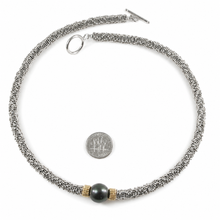 Load image into Gallery viewer, Black Tahitian Pearl with 14k Gold Roundels &amp; Silver Bali Beads Necklace