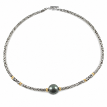 Load image into Gallery viewer, Unique Black Tahitian Pearl with Silver &amp; Gold-Plated Bali Beads Necklace