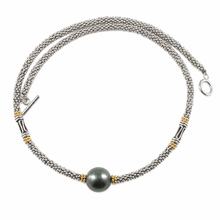 Load image into Gallery viewer, Unique Black Tahitian Pearl with Silver &amp; Gold-Plated Bali Beads Necklace