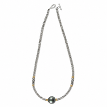 Load image into Gallery viewer, Unique Black Tahitian Pearl with Silver &amp; Gold-Plated Bali Beads Necklace