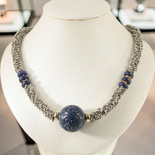 Load image into Gallery viewer, 24mm Engraved Blue Lapis with 14k Gold Roundels &amp; Silver Spacers Necklace