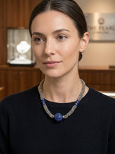 Load image into Gallery viewer, 24mm Engraved Blue Lapis with 14k Gold Roundels &amp; Silver Spacers Necklace