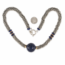 Load image into Gallery viewer, 24mm Engraved Blue Lapis with 14k Gold Roundels &amp; Silver Spacers Necklace