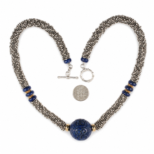 Load image into Gallery viewer, 24mm Engraved Blue Lapis with 14k Gold Roundels &amp; Silver Spacers Necklace