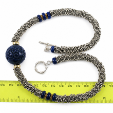 Load image into Gallery viewer, 24mm Engraved Blue Lapis with 14k Gold Roundels &amp; Silver Spacers Necklace