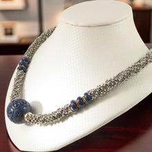 Load image into Gallery viewer, 24mm Engraved Blue Lapis with 14k Gold Roundels &amp; Silver Spacers Necklace