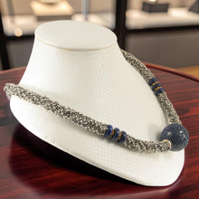 Load image into Gallery viewer, 24mm Engraved Blue Lapis with 14k Gold Roundels &amp; Silver Spacers Necklace