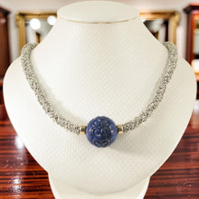 Load image into Gallery viewer, 22mm Engraved Blue Lapis with 14k Gold &amp; Silver Bali Spacer Necklace
