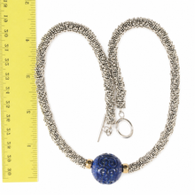 Load image into Gallery viewer, 22mm Engraved Blue Lapis with 14k Gold &amp; Silver Bali Spacer Necklace