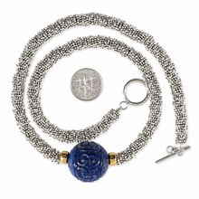 Load image into Gallery viewer, 22mm Engraved Blue Lapis with 14k Gold &amp; Silver Bali Spacer Necklace