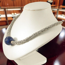 Load image into Gallery viewer, 22mm Engraved Blue Lapis with 14k Gold &amp; Silver Bali Spacer Necklace