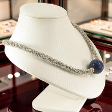 Load image into Gallery viewer, 22mm Engraved Blue Lapis with 14k Gold &amp; Silver Bali Spacer Necklace