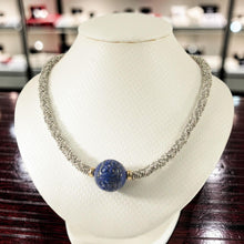 Load image into Gallery viewer, 20mm Engraved Lapis Lazuli with 14k Gold &amp; Silver Bali Necklace
