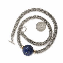 Load image into Gallery viewer, 20mm Engraved Lapis Lazuli with 14k Gold &amp; Silver Bali Necklace