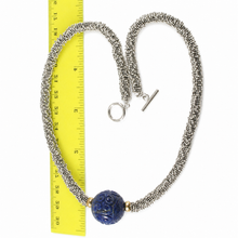 Load image into Gallery viewer, 20mm Engraved Lapis Lazuli with 14k Gold &amp; Silver Bali Necklace