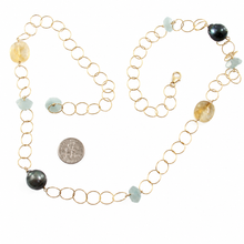 Load image into Gallery viewer, 14k Gold-Filled &amp; 13mm Black Tahitian Pearl Necklace with Citrine &amp; Aquamarine