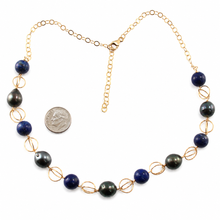 Load image into Gallery viewer, 14k Gold-Filled Five Tahitian Pearls &amp; Lapis Lazuli Handcrafted Necklace