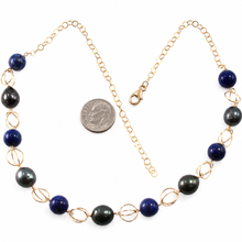 Load image into Gallery viewer, 14k Gold-Filled Five Tahitian Pearls &amp; Lapis Lazuli Handcrafted Necklace