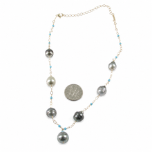 Load image into Gallery viewer, 14k Gold-Filled Seven Baroque Gray Tahitian Pearls with Turquoise Necklace