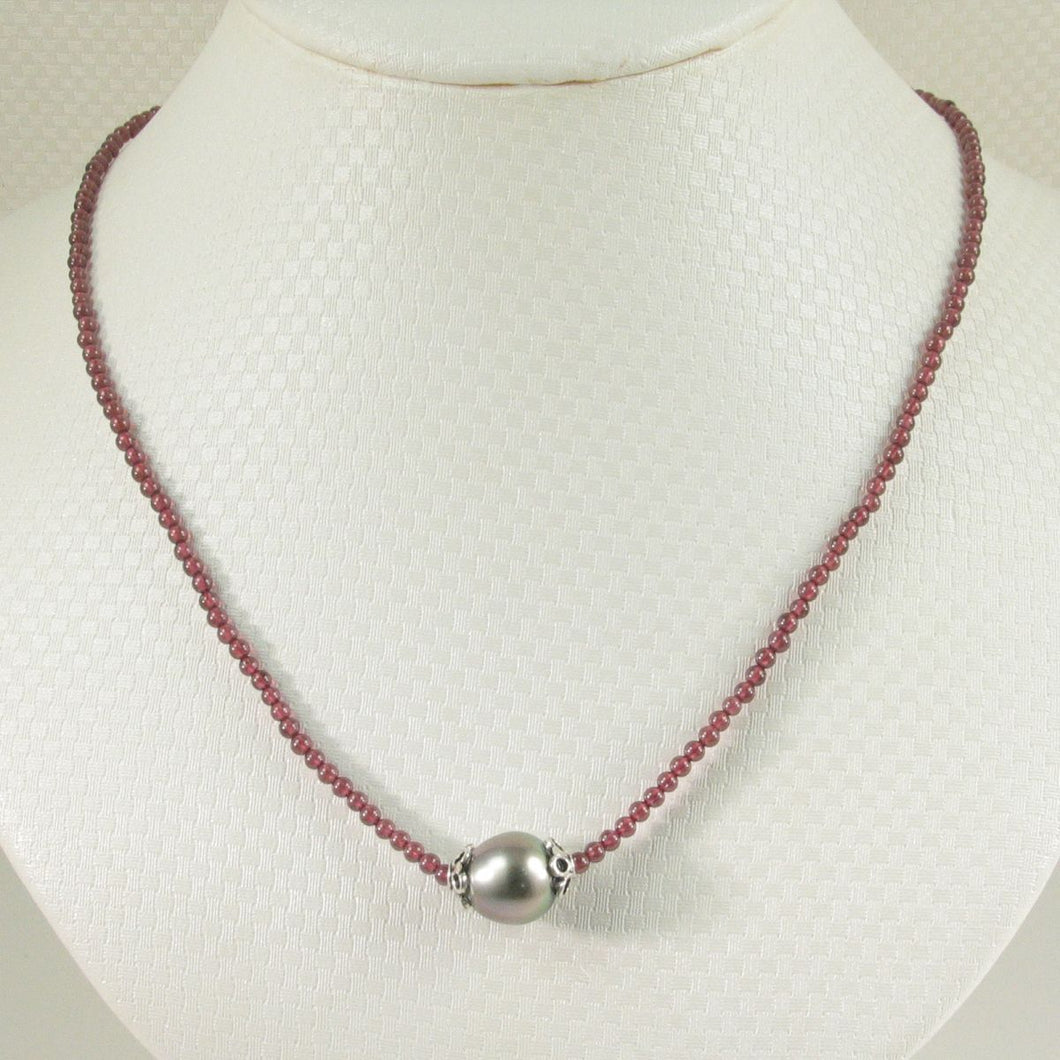 2.5mm Garnet & Silver Bali Beads with Black Tahitian Pearl Necklace