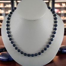Load image into Gallery viewer, 7mm Lapis Lazuli &amp; 14k Gold Beads Necklace with Filigree Clasp