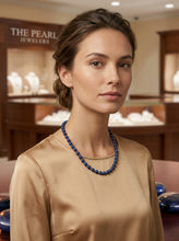 Load image into Gallery viewer, 7mm Lapis Lazuli &amp; 14k Gold Beads Necklace with Filigree Clasp